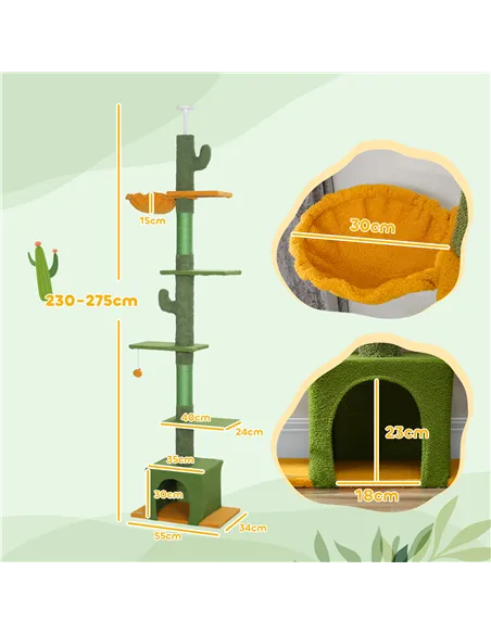 PawHut 230-275cm Floor-to-Ceiling Adjustable Cat Tree with Scratching Posts, Hammock