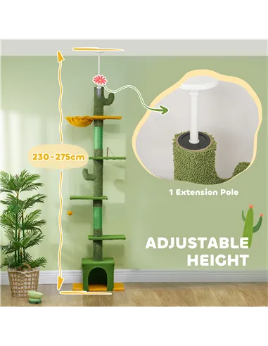 PawHut 230-275cm Floor-to-Ceiling Adjustable Cat Tree with Scratching Posts, Hammock
