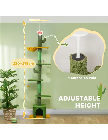 PawHut 230-275cm Floor-to-Ceiling Adjustable Cat Tree with Scratching Posts, Hammock