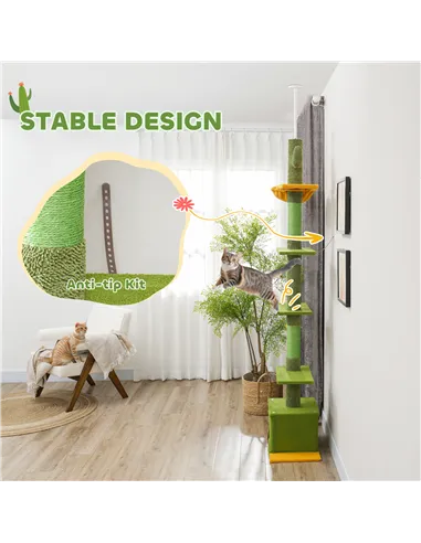 PawHut 230-275cm Floor-to-Ceiling Adjustable Cat Tree with Scratching Posts, Hammock