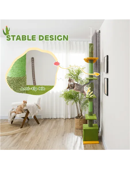 PawHut 230-275cm Floor-to-Ceiling Adjustable Cat Tree with Scratching Posts, Hammock