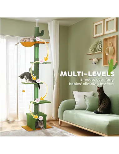 PawHut 230-275cm Floor-to-Ceiling Adjustable Cat Tree with Scratching Posts, Hammock
