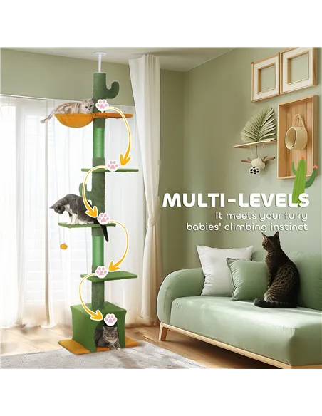 PawHut 230-275cm Floor-to-Ceiling Adjustable Cat Tree with Scratching Posts, Hammock