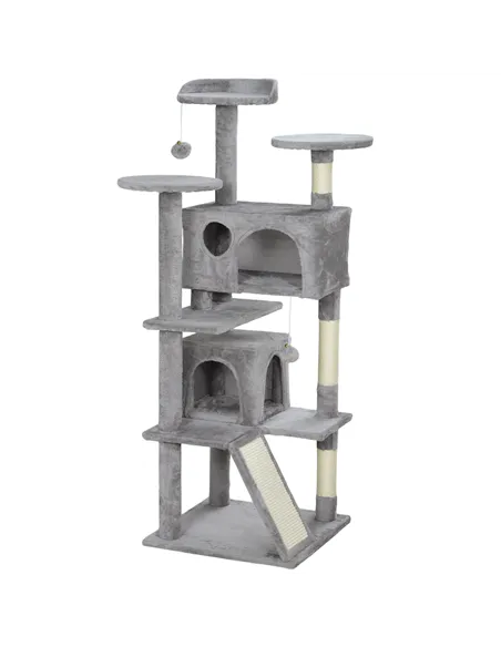 PawHut 138cm Cat Tree, Multi-Level Cat Tower with Scratching Posts and Pad, Bed, Condos, Platforms, Toy Balls, Light Grey