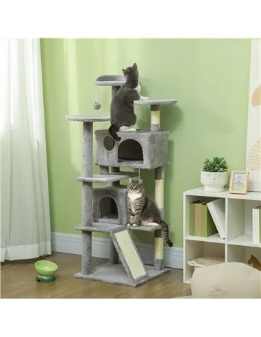 PawHut 138cm Cat Tree, Multi-Level Cat Tower with Scratching Posts and Pad, Bed, Condos, Platforms, Toy Balls, Light Grey