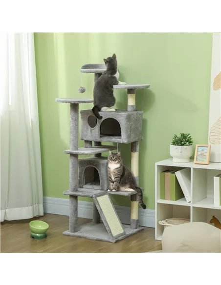 PawHut 138cm Cat Tree, Multi-Level Cat Tower with Scratching Posts and Pad, Bed, Condos, Platforms, Toy Balls, Light Grey
