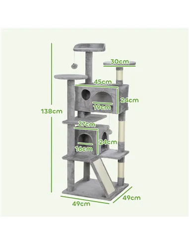 PawHut 138cm Cat Tree, Multi-Level Cat Tower with Scratching Posts and Pad, Bed, Condos, Platforms, Toy Balls, Light Grey