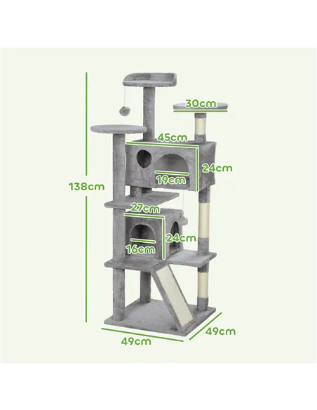 PawHut 138cm Cat Tree, Multi-Level Cat Tower with Scratching Posts and Pad, Bed, Condos, Platforms, Toy Balls, Light Grey
