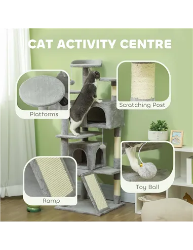 PawHut 138cm Cat Tree, Multi-Level Cat Tower with Scratching Posts and Pad, Bed, Condos, Platforms, Toy Balls, Light Grey