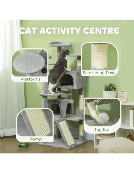 PawHut 138cm Cat Tree, Multi-Level Cat Tower with Scratching Posts and Pad, Bed, Condos, Platforms, Toy Balls, Light Grey