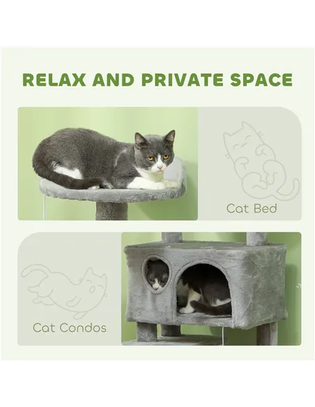 PawHut 138cm Cat Tree, Multi-Level Cat Tower with Scratching Posts and Pad, Bed, Condos, Platforms, Toy Balls, Light Grey