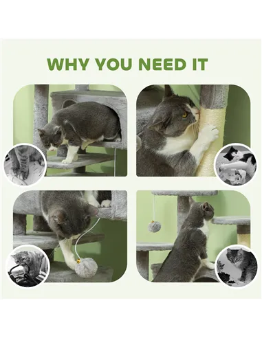 PawHut 138cm Cat Tree, Multi-Level Cat Tower with Scratching Posts and Pad, Bed, Condos, Platforms, Toy Balls, Light Grey