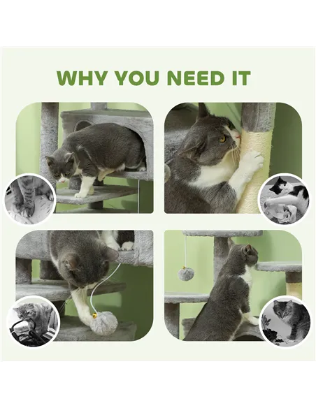 PawHut 138cm Cat Tree, Multi-Level Cat Tower with Scratching Posts and Pad, Bed, Condos, Platforms, Toy Balls, Light Grey