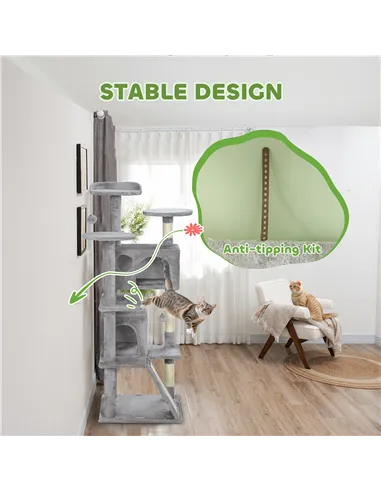 PawHut 138cm Cat Tree, Multi-Level Cat Tower with Scratching Posts and Pad, Bed, Condos, Platforms, Toy Balls, Light Grey