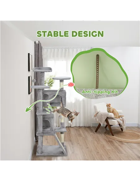 PawHut 138cm Cat Tree, Multi-Level Cat Tower with Scratching Posts and Pad, Bed, Condos, Platforms, Toy Balls, Light Grey