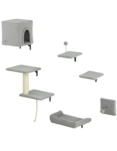 PawHut 6-Piece Cat Wall Shelves Set with Condo, Cat Wall Furniture with Platforms, Sisal Scratching Post, Bed, Toy Ball, Grey