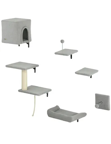 PawHut 6-Piece Cat Wall Shelves Set with Condo, Cat Wall Furniture with Platforms, Sisal Scratching Post, Bed, Toy Ball, Grey