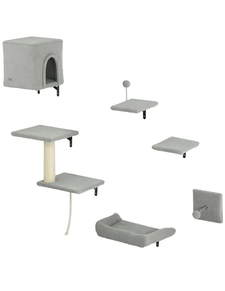 PawHut 6-Piece Cat Wall Shelves Set with Condo, Cat Wall Furniture with Platforms, Sisal Scratching Post, Bed, Toy Ball, Grey