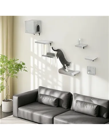 PawHut 6-Piece Cat Wall Shelves Set with Condo, Cat Wall Furniture with Platforms, Sisal Scratching Post, Bed, Toy Ball, Grey