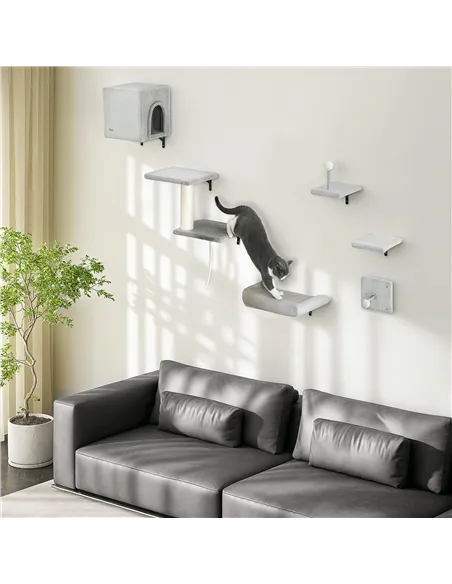 PawHut 6-Piece Cat Wall Shelves Set with Condo, Cat Wall Furniture with Platforms, Sisal Scratching Post, Bed, Toy Ball, Grey