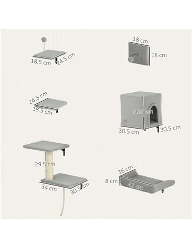 PawHut 6-Piece Cat Wall Shelves Set with Condo, Cat Wall Furniture with Platforms, Sisal Scratching Post, Bed, Toy Ball, Grey