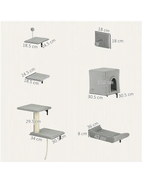 PawHut 6-Piece Cat Wall Shelves Set with Condo, Cat Wall Furniture with Platforms, Sisal Scratching Post, Bed, Toy Ball, Grey