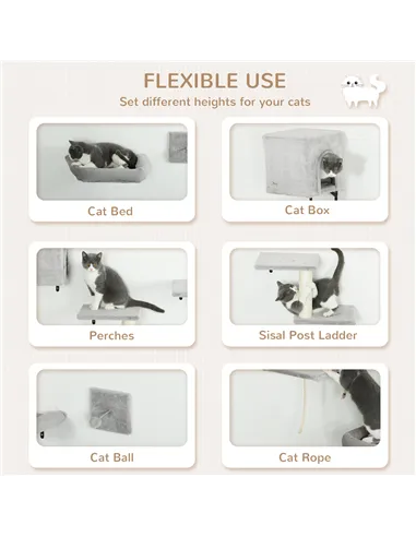 PawHut 6-Piece Cat Wall Shelves Set with Condo, Cat Wall Furniture with Platforms, Sisal Scratching Post, Bed, Toy Ball, Grey