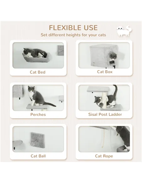 PawHut 6-Piece Cat Wall Shelves Set with Condo, Cat Wall Furniture with Platforms, Sisal Scratching Post, Bed, Toy Ball, Grey