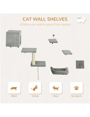 PawHut 6-Piece Cat Wall Shelves Set with Condo, Cat Wall Furniture with Platforms, Sisal Scratching Post, Bed, Toy Ball, Grey