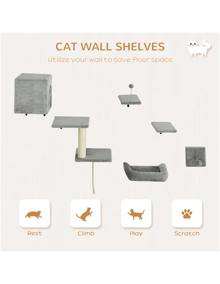 PawHut 6-Piece Cat Wall Shelves Set with Condo, Cat Wall Furniture with Platforms, Sisal Scratching Post, Bed, Toy Ball, Grey