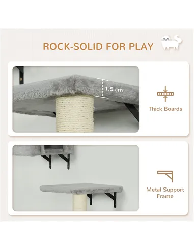 PawHut 6-Piece Cat Wall Shelves Set with Condo, Cat Wall Furniture with Platforms, Sisal Scratching Post, Bed, Toy Ball, Grey