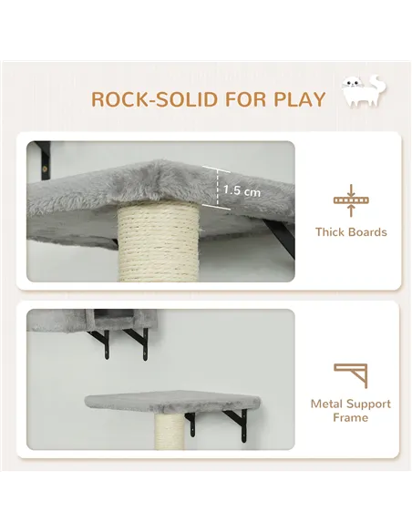 PawHut 6-Piece Cat Wall Shelves Set with Condo, Cat Wall Furniture with Platforms, Sisal Scratching Post, Bed, Toy Ball, Grey