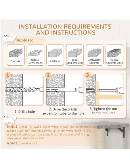PawHut 6-Piece Cat Wall Shelves Set with Condo, Cat Wall Furniture with Platforms, Sisal Scratching Post, Bed, Toy Ball, Grey