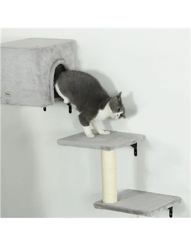 PawHut 6-Piece Cat Wall Shelves Set with Condo, Cat Wall Furniture with Platforms, Sisal Scratching Post, Bed, Toy Ball, Grey