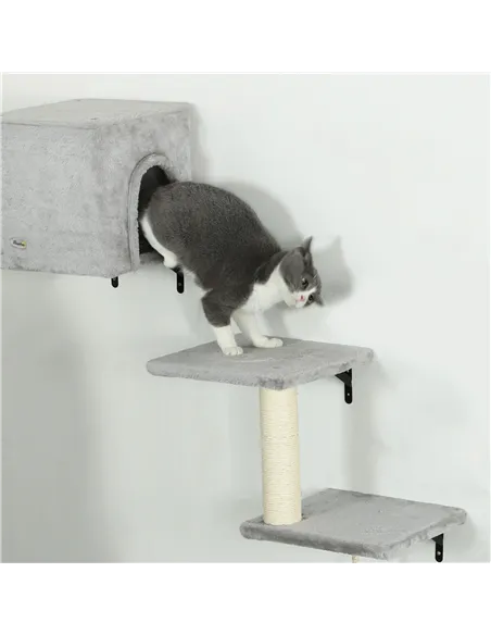 PawHut 6-Piece Cat Wall Shelves Set with Condo, Cat Wall Furniture with Platforms, Sisal Scratching Post, Bed, Toy Ball, Grey