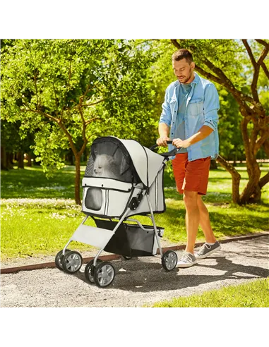 PawHut Pet Stroller for Small Miniature Dogs Cats Foldable Travel Carriage with Wheels Zipper Entry Cup Holder Storage Basket Gr