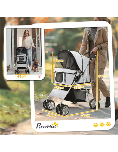 PawHut Pet Stroller for Small Miniature Dogs Cats Foldable Travel Carriage with Wheels Zipper Entry Cup Holder Storage Basket Gr