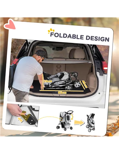 PawHut Pet Stroller for Small Miniature Dogs Cats Foldable Travel Carriage with Wheels Zipper Entry Cup Holder Storage Basket Gr