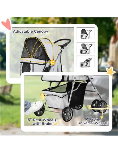 PawHut Pet Stroller for Small Miniature Dogs Cats Foldable Travel Carriage with Wheels Zipper Entry Cup Holder Storage Basket Gr