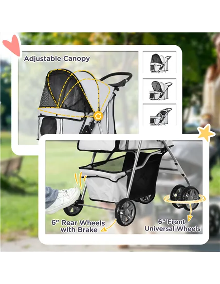 PawHut Pet Stroller for Small Miniature Dogs Cats Foldable Travel Carriage with Wheels Zipper Entry Cup Holder Storage Basket Gr