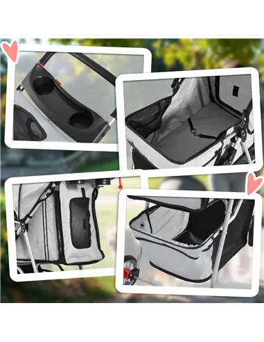 PawHut Pet Stroller for Small Miniature Dogs Cats Foldable Travel Carriage with Wheels Zipper Entry Cup Holder Storage Basket Gr