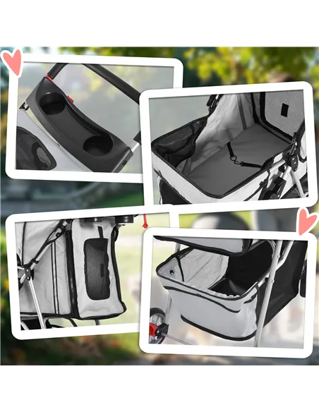 PawHut Pet Stroller for Small Miniature Dogs Cats Foldable Travel Carriage with Wheels Zipper Entry Cup Holder Storage Basket Gr