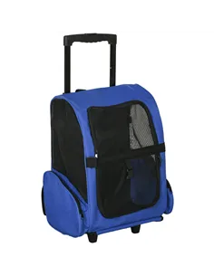 PawHut Pet Travel Backpack Bag Cat Puppy Dog Carrier w/ Trolley and Telescopic Handle Portable Stroller Wheel Luggage Bag (Blue)