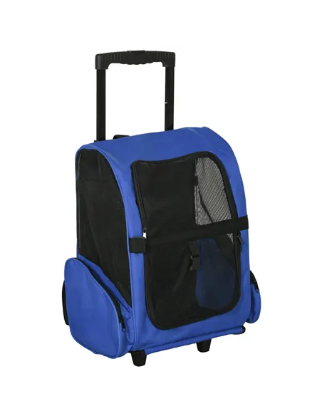 PawHut Pet Travel Backpack Bag Cat Puppy Dog Carrier w/ Trolley and Telescopic Handle Portable Stroller Wheel Luggage Bag (Blue)
