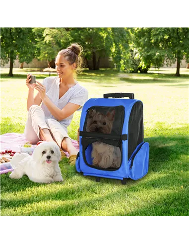 PawHut Pet Travel Backpack Bag Cat Puppy Dog Carrier w/ Trolley and Telescopic Handle Portable Stroller Wheel Luggage Bag (Blue)