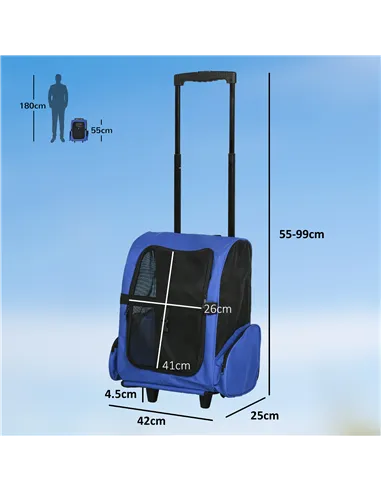 PawHut Pet Travel Backpack Bag Cat Puppy Dog Carrier w/ Trolley and Telescopic Handle Portable Stroller Wheel Luggage Bag (Blue)