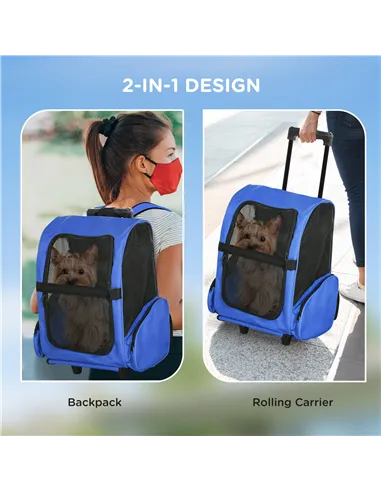PawHut Pet Travel Backpack Bag Cat Puppy Dog Carrier w/ Trolley and Telescopic Handle Portable Stroller Wheel Luggage Bag (Blue)