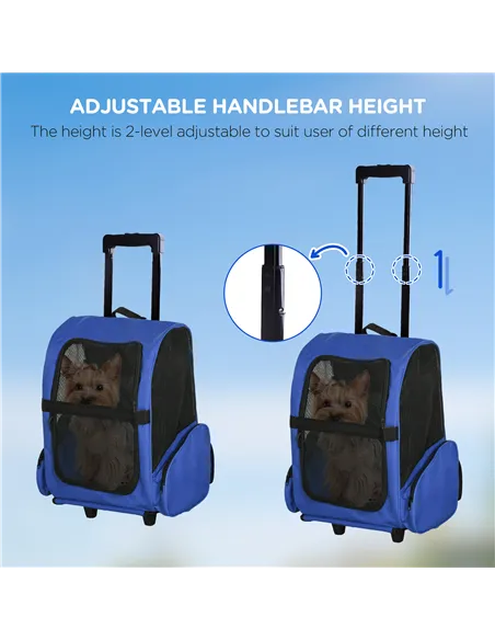 PawHut Pet Travel Backpack Bag Cat Puppy Dog Carrier w/ Trolley and Telescopic Handle Portable Stroller Wheel Luggage Bag (Blue)