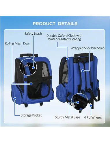PawHut Pet Travel Backpack Bag Cat Puppy Dog Carrier w/ Trolley and Telescopic Handle Portable Stroller Wheel Luggage Bag (Blue)