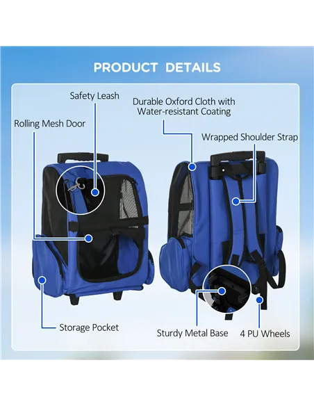 PawHut Pet Travel Backpack Bag Cat Puppy Dog Carrier w/ Trolley and Telescopic Handle Portable Stroller Wheel Luggage Bag (Blue)
